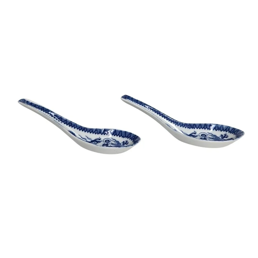 Set of 2 Vintage Blue White Asian Chinese Porcelain Soup Spoons Dragon Theme